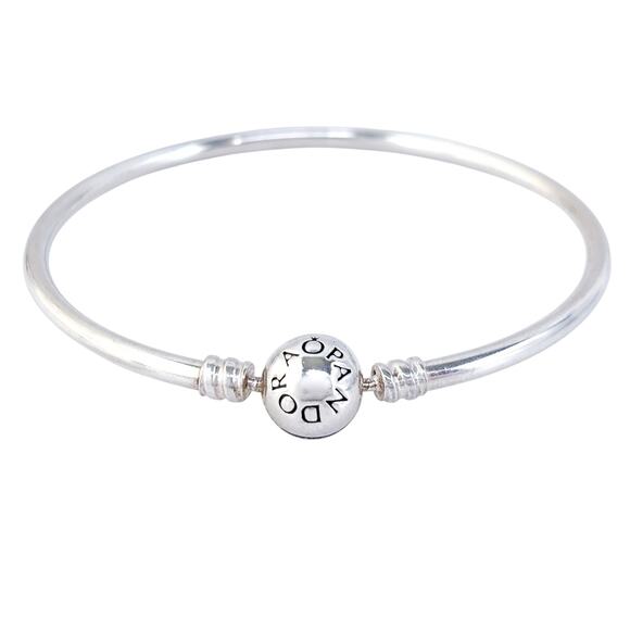Estate Pandora Sterling Silver 925 Logo Barrel Clasp Charm Bangle Bracelet 7.25” - Picture 2 of 8